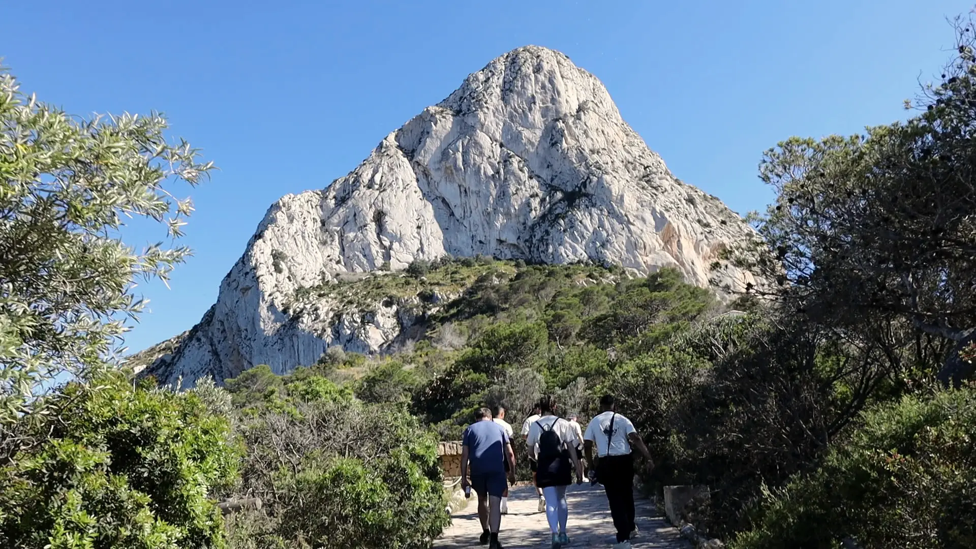 The rock at Calpe through the pines, the group walking the path towards it